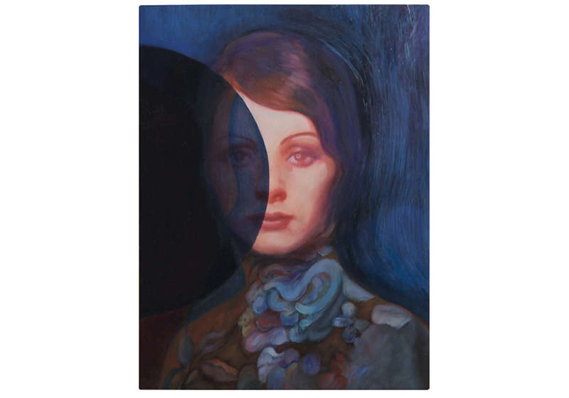 crescent moon, Sara Welponer oil painting on wood, woman, somber colours